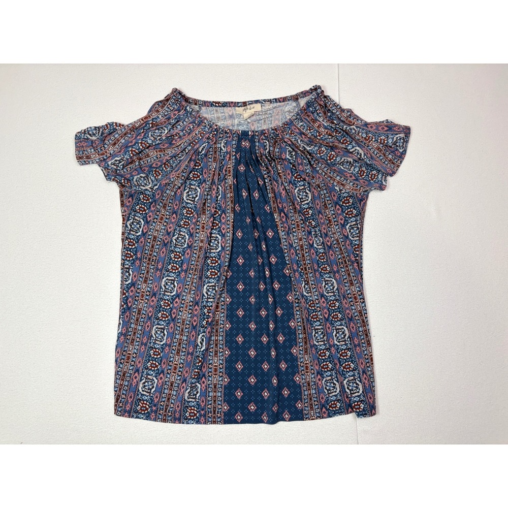 Style & Co Womens Blue Geometric Medallion Print Pleated Short Sleeve Top Large